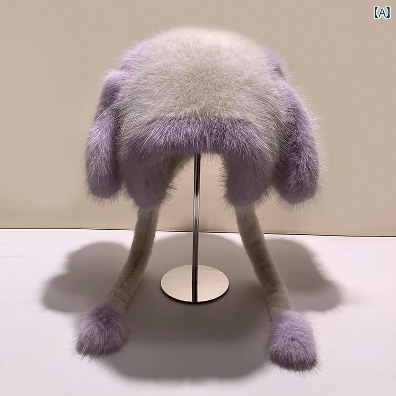 帽子　うさぎ耳　かわいい ウサギの 耳の 帽子 キツネの 毛皮の フェイク 毛皮 暖かい かわいい 裏起毛 レディース 保護 雷 鋒