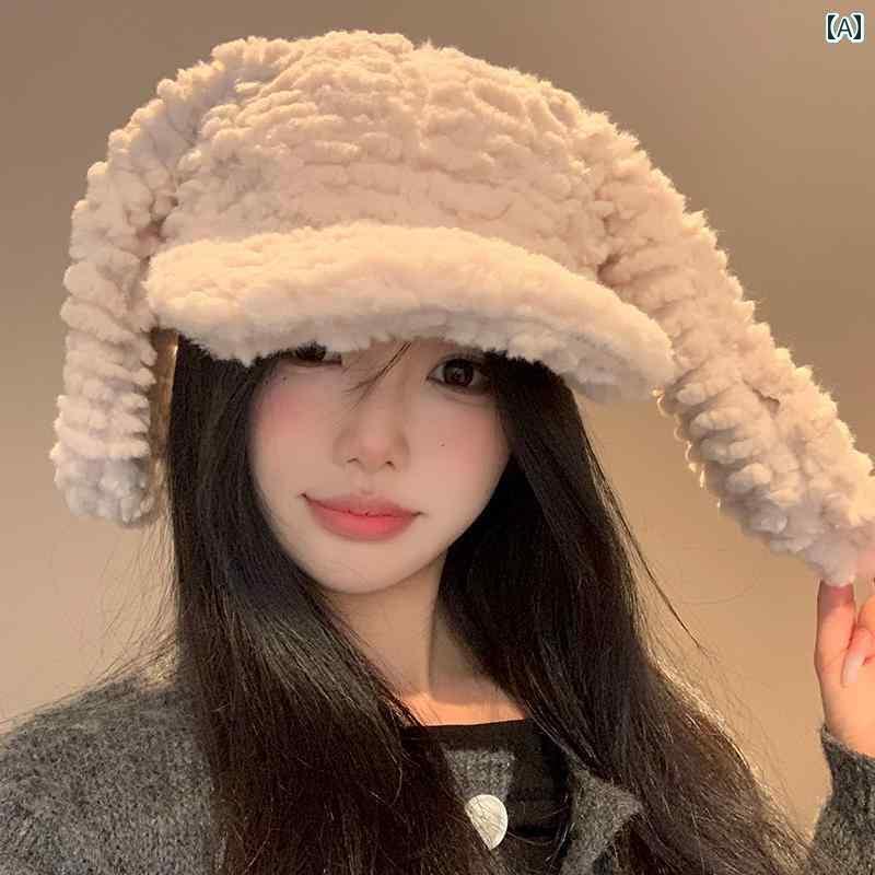 帽子　うさぎ　かわいい かわいい 長い 耳の ウサギの 子羊の ぬいぐるみの 野球帽 女性用 冬 2024新 スタイル 暖かい 大きい 頭囲の ダックビル 帽子