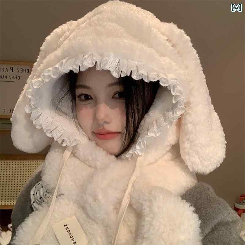 帽子　うさぎ　かわいい かわいい ぬいぐるみ ウサギの 耳 帽子 スカーフ 一 体型 レディース 2024 秋..