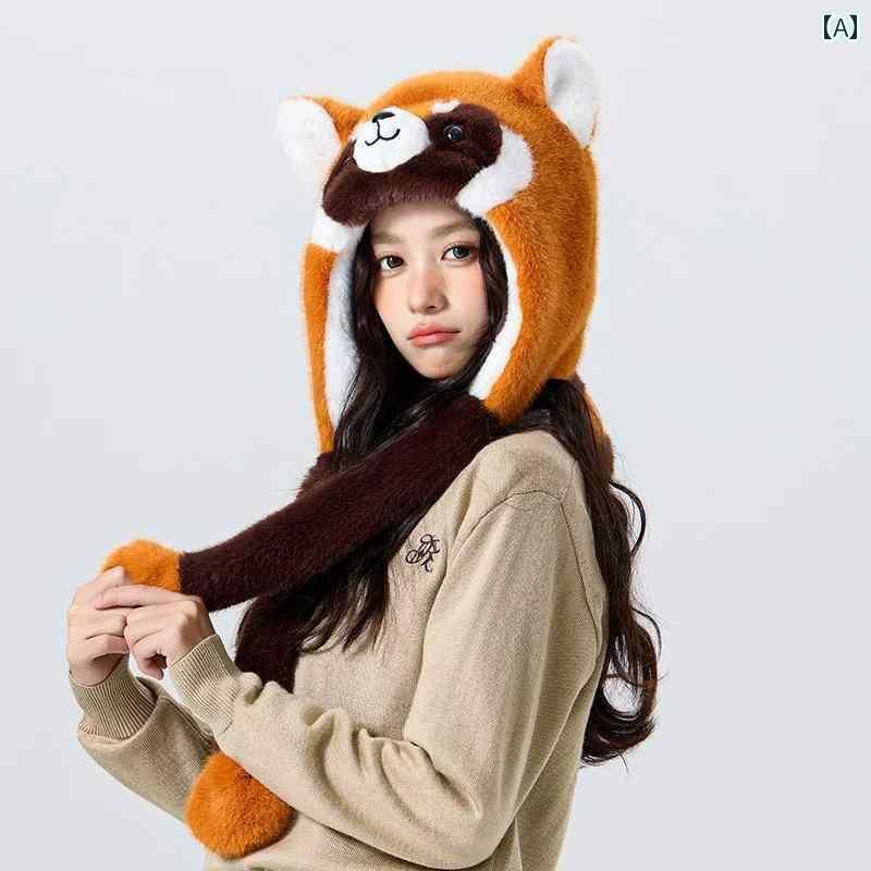 帽子　うさぎ　かわいい 女性用 アライグマの しっぽ 帽子 遊び心が あり かわいい 動く 耳 付きの な 冬用 サイクリング 保護 レイ フェン