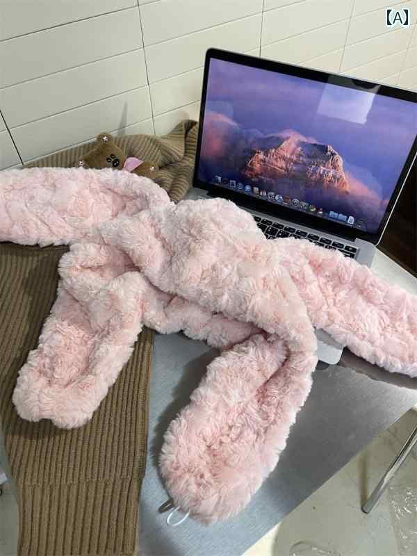 うさぎ耳　帽子　かわいい ウサギの 耳の 帽子 秋冬 レディース スカーフ 手袋 一 体型 フード付き 冬用 かわいい 暖かい ぬいぐるみ 冬