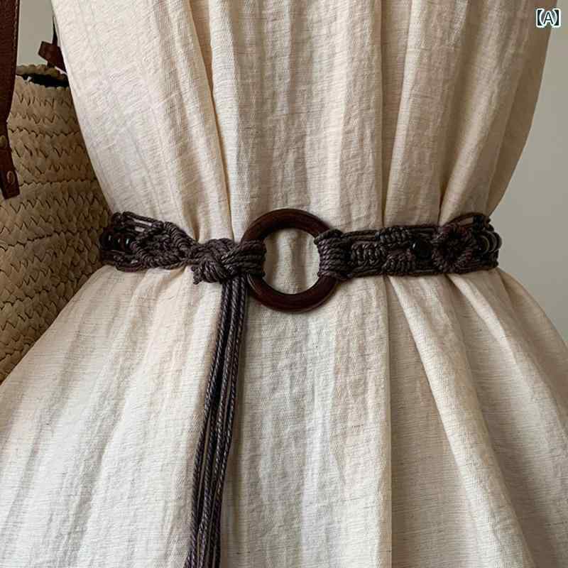 レディース　ベルト　カジュアル エスニックの 編組 木製 バックル ワックス ロープ ベルト 長くなった..