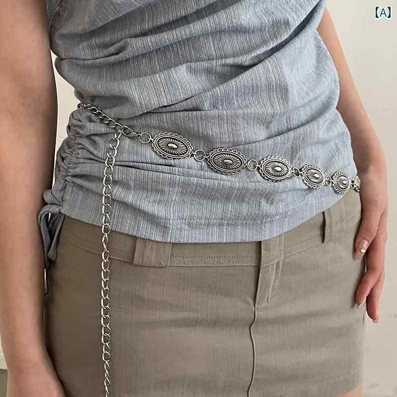 レディース　ベルト　カジュアル シルバー ウエスト チェーン レトロ アクセサリー ドレス サマー ベルト ハイエンドで シンプル
