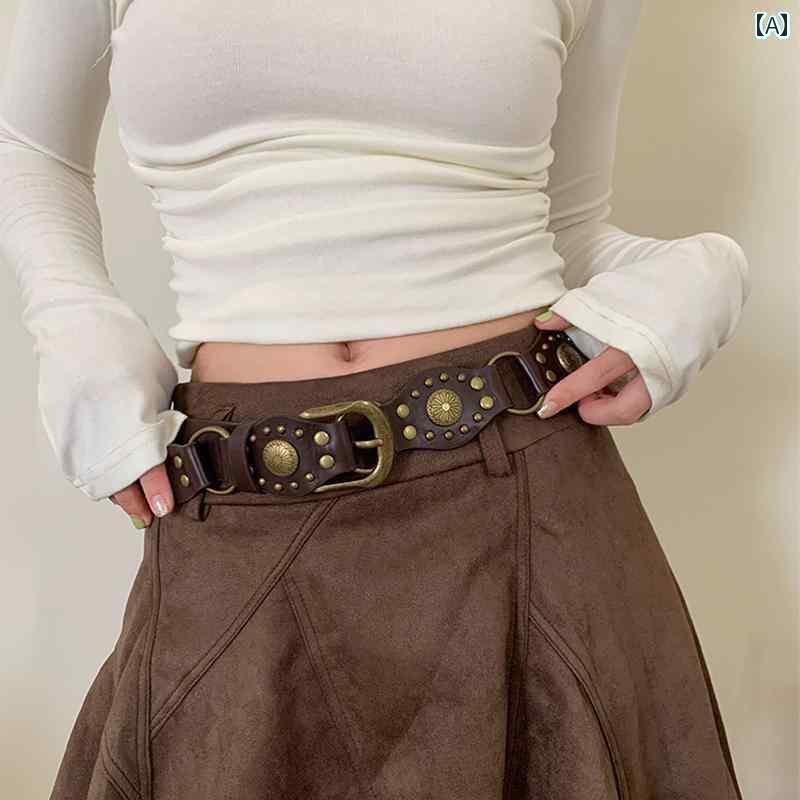 レディース　ベルト　カジュアル アメリカン ウエスタン デニム レトロ ベルト レディース 2024 スタッズ ブラウンベルト ジーンズ リング バックルベルト