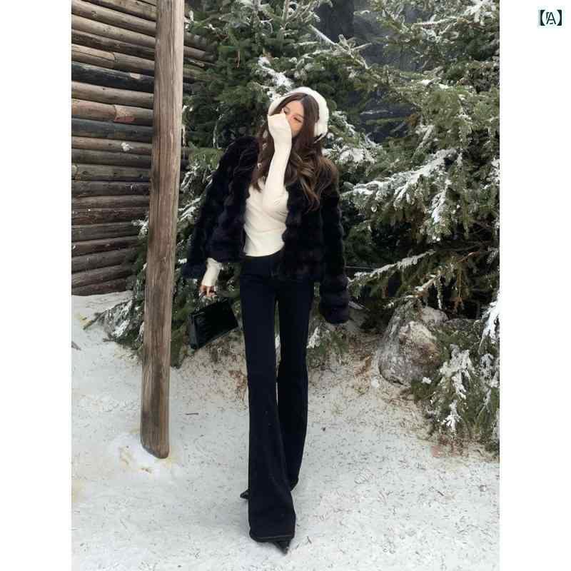 ボトムス　レディース　スリム ブラッディ チェリーの 雰囲気の フレアジーンズ レディース ブラック＆ ゴールド スリムフィット 2025 春 ワイド レッグ パンツ(4)