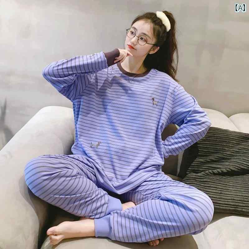 パジャマ　セット　スウェット 春秋 レディース パジャマ 綿 長袖 韓国 ストライプ 着用 可能 カジュアル 大きいサイズ ホームウェア ツーピース スーツ