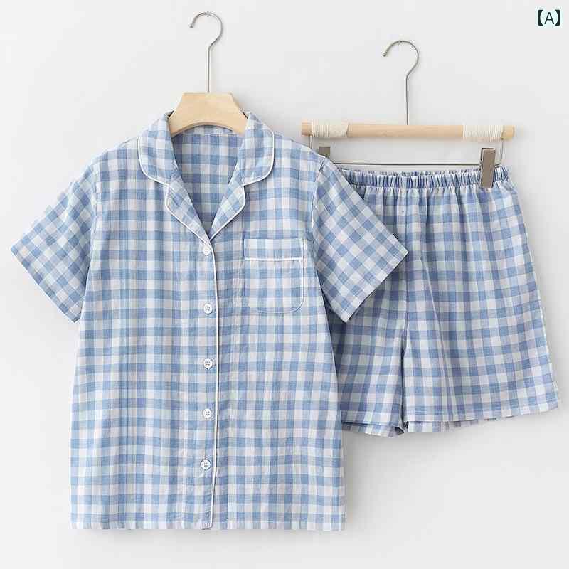 半袖 半ズボン パジャマ MUJI 品質 パジャマ レディース 夏 半袖 ショート パンツ カップル スーツ 綿 二 重 ガーゼ チェック 柄 家 着 メンズ