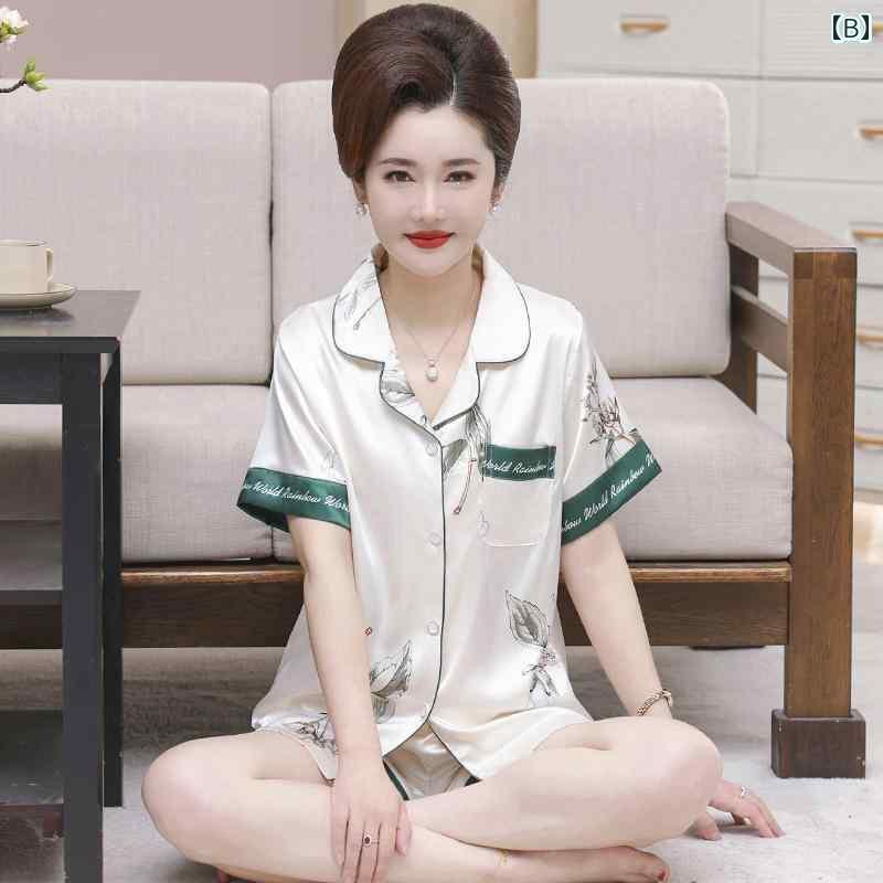 半袖　半ズボン　パジャマ 夏 パジャマ ママ 大きめ サイズ スーツ ホーム 服 冷感 薄手 中年 女性 カーディガン 半袖 ショート パンツ 2