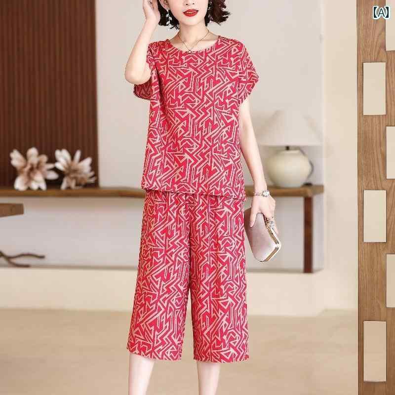 半袖　半ズボン　パジャマ 母の 夏の 綿 シルク スーツ 痩せた 中年 レディース アウター 人工 ホーム 服 半袖 パジャマ ツーピース