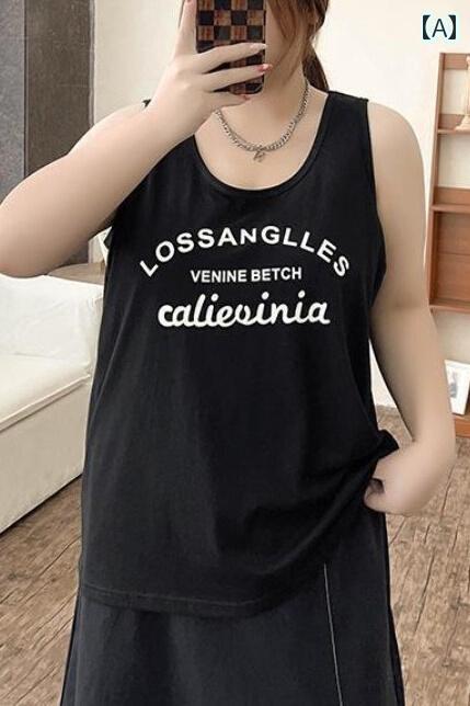 タンクトップ　レディース　ノースリーブ MM 2300 ジン 特大 サイズ イン シンプル スタイル レター プリント 夏 ミディアム ロング レイヤリング シャツ ノースリーブ ベスト 女性