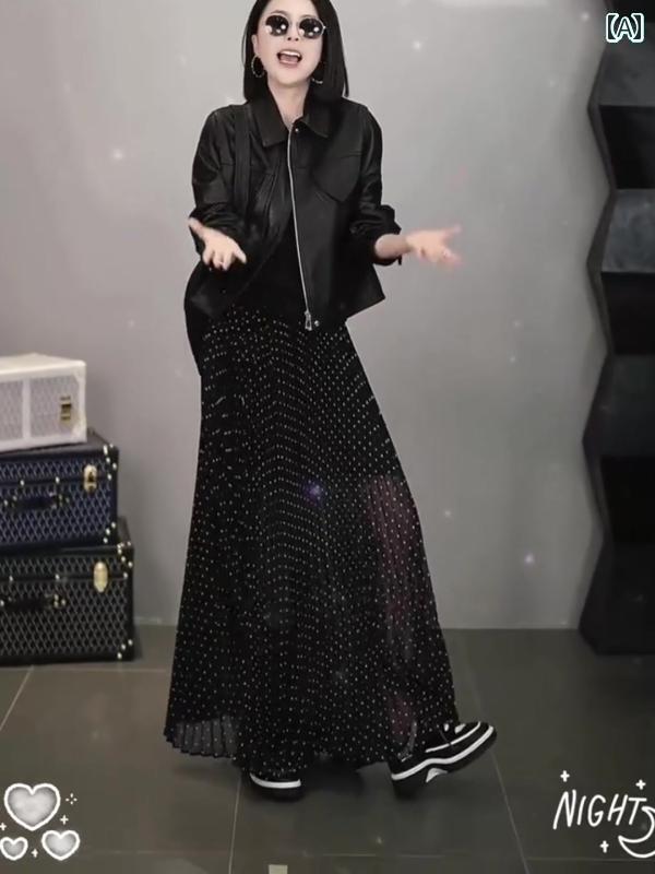 レディース　スカート　ハイウエスト 2025 春 スタイル エレガントな 黒の ドット スリム ロング スカート フレンチ スカート新