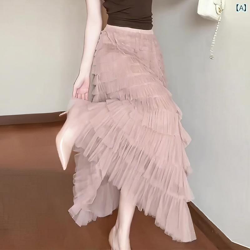 レディース　スカート　ハイウエスト 春雨 メッシュ レイヤー ティアードスカート レディース 春 ハイ..