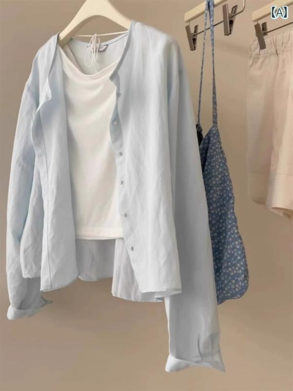 Yシャツ　無地　シンプル 韓国 ライト ブルーの 長袖 日焼け防止 シャツ 女性用 早春の 薄手 カーディガン 高級 ジャケット トップ(4)