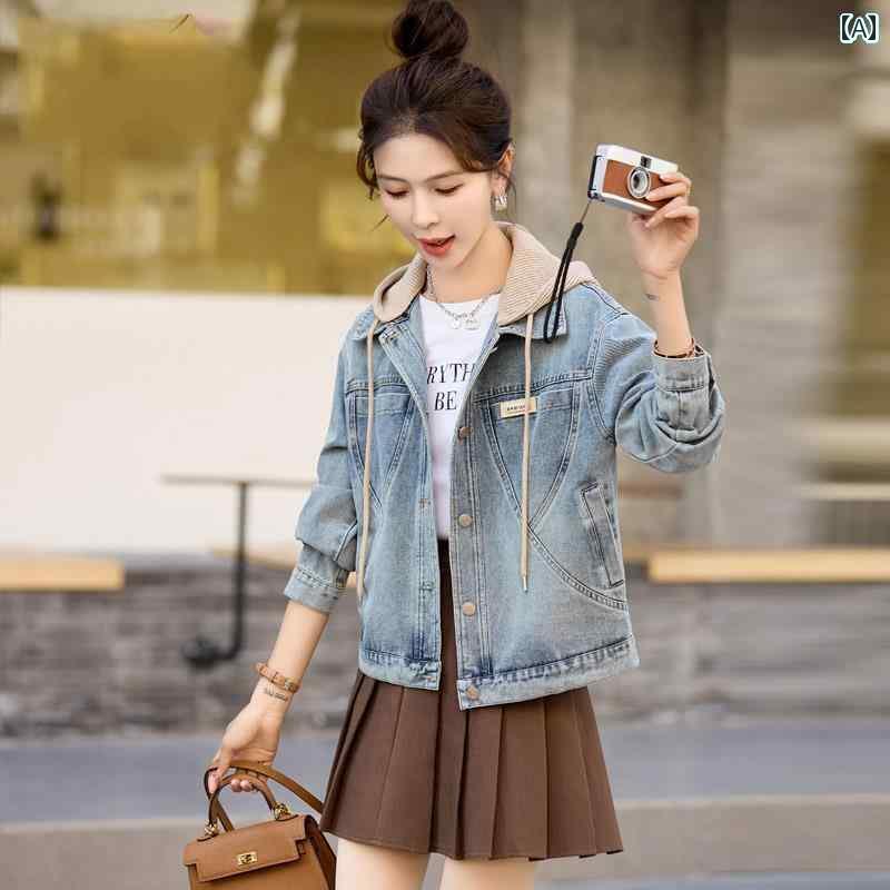 布　生地　無地　 のの デニムジャケット ショート レディース 服 春秋 カジュアル ホット 韓国 フード付き ジャケット