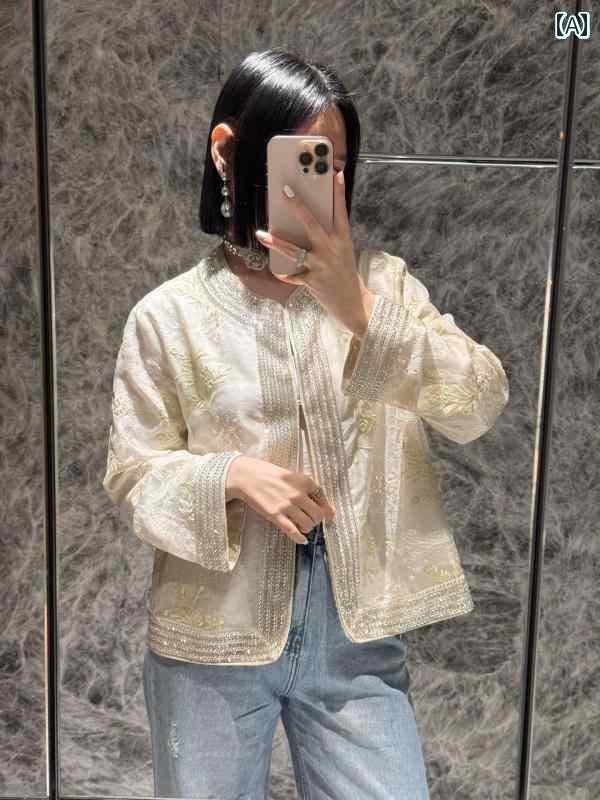 レディース シャツ レース シルクオーガンザ 刺繍の 裏地 金 織り リネンの 厚手 コート スパンコール チャイナ風 レースの トップス 女性用