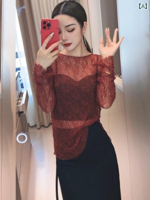 レディース　シャツ　レース フランスの 高級 魅惑的 やや 透明 レース シャツ 女性用 2024 春な 軽い 成熟 した スタイル スリム ラウンドネック トップ