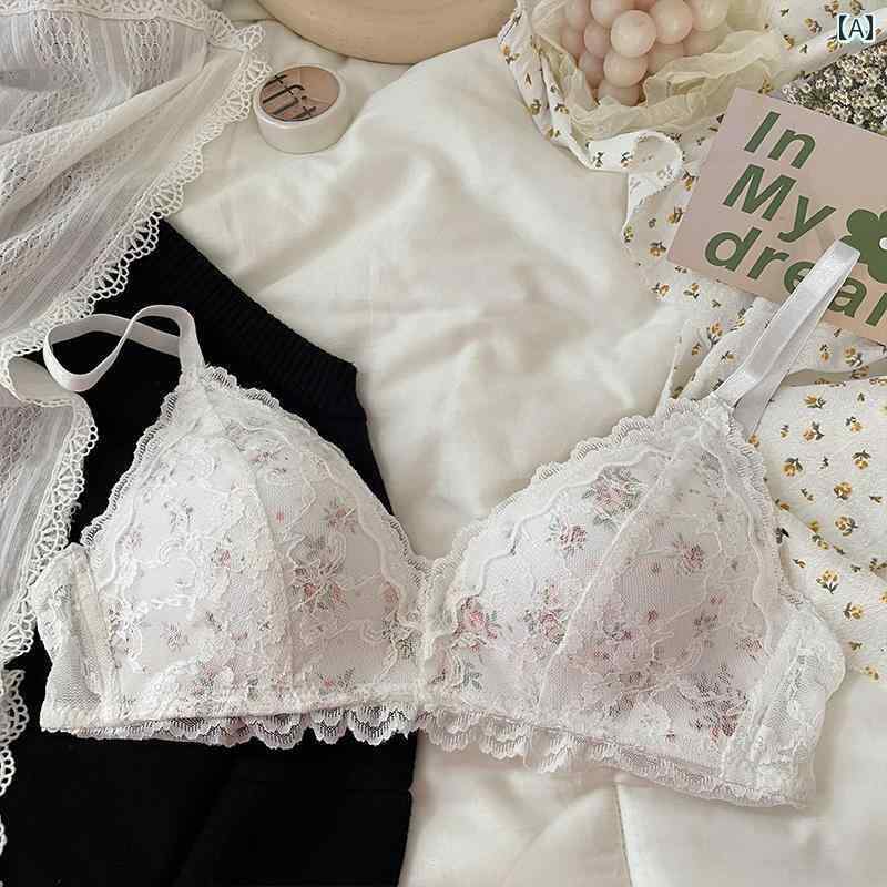 レディース　ブラジャー　ティーン レトロ 花柄の レースの 下着。 胸が 小さい 女性用。 スチール リングなしで ギャザーを 寄せ 横 乳を 集めて 垂れ下がりを 防ぐ 三角 カップブラ。