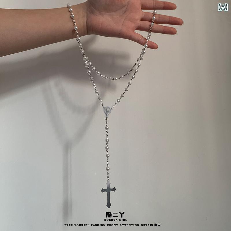 ネックレス　十字架　クロス パールホワイト クロス ネックレス レディース ロング セーター チェーン 秋冬 ビーズ ゴシック ヤ ビ アクセサリー