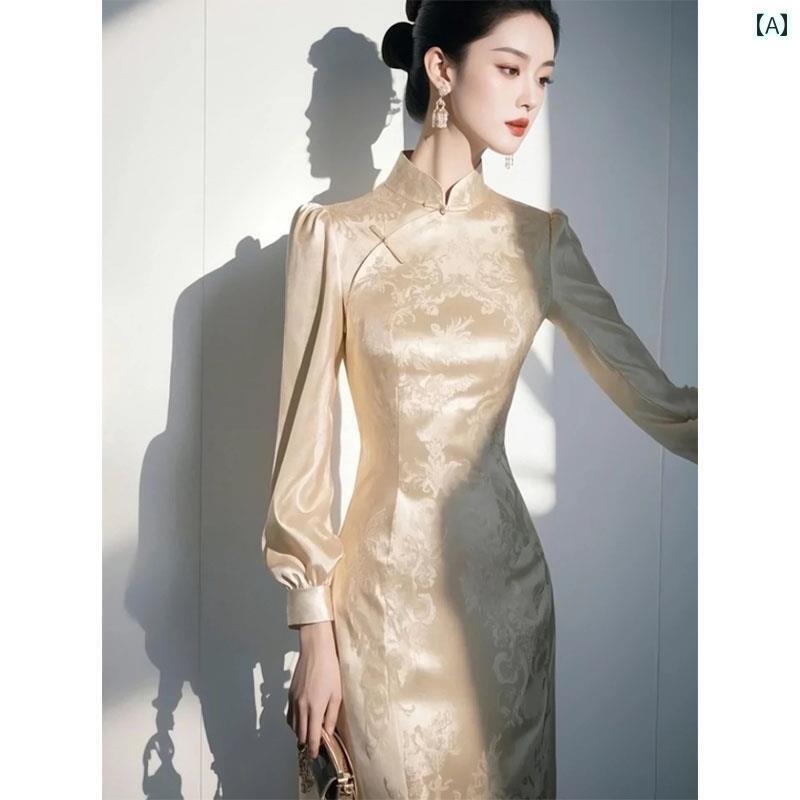 ドレス　チャイナ　レディース カウンター 撤退 チャイナ風 チャイナ ドレス 春 ウエスト スリム ロン..