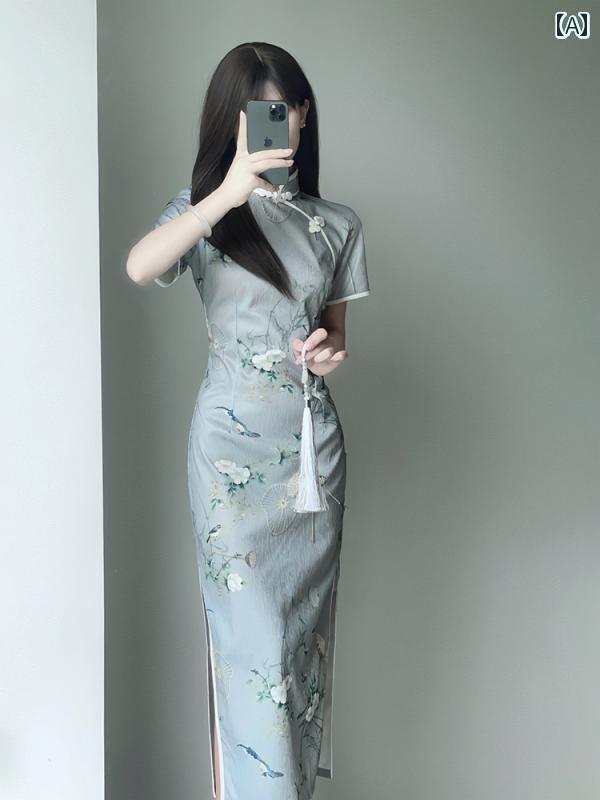 ドレス　チャイナ　レディース ニット ジャカード チャイナ ドレス 中華 スタイル レトロ エレガント プリント カントリー 半袖 若見え