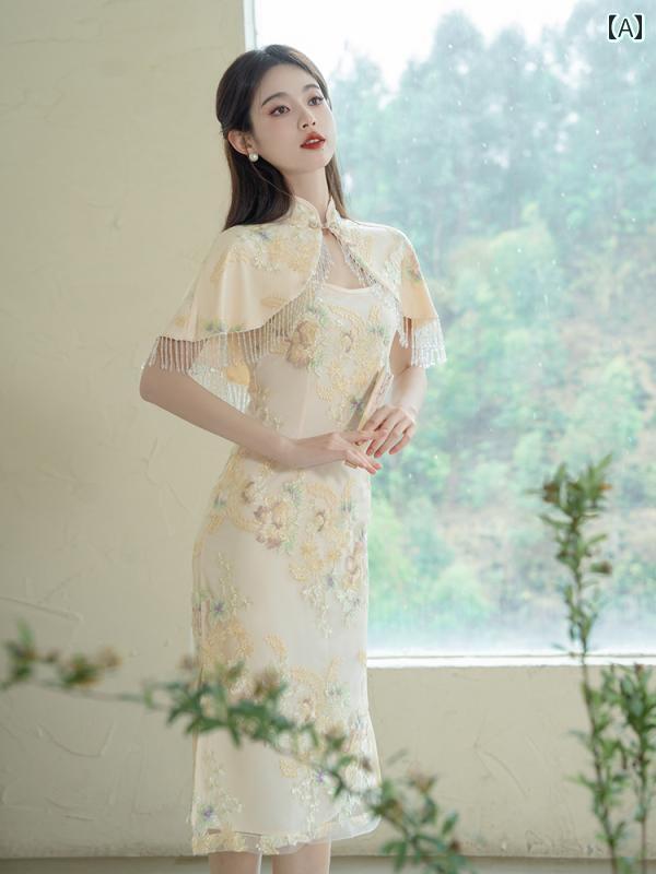 ドレス　チャイナ　レディース 陳元 曲 新型 チャイナ ドレス 民族 風 刺繍 ショール ツーピース チャイナ風 レトロ スリット 夏