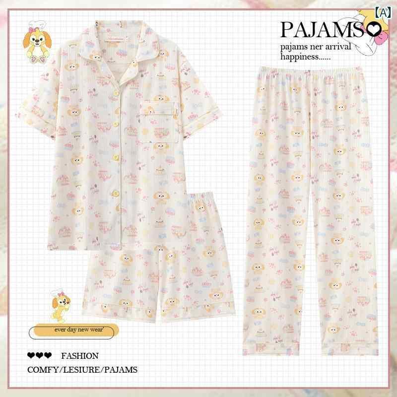 パジャマ　レディース　かわいい バター ビスケット 夏用 スリーピース パジャマ 女性用 綿 半袖 ズボ..