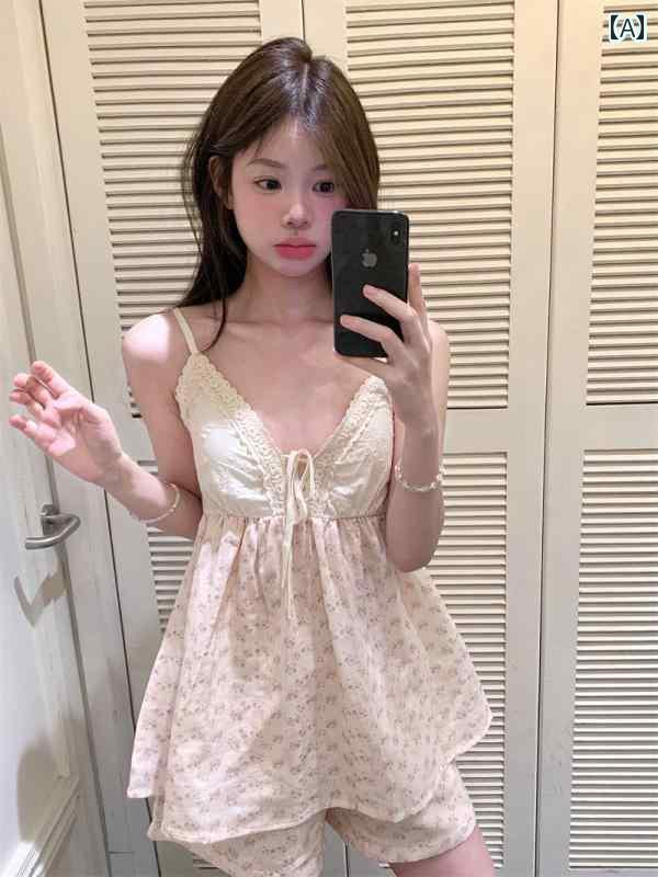 レース キャミソール トップス パジャマ レディース 夏 韓国 花柄 レース 綿 ガーゼ サスペンダー ショーツ 胸 パッド 付き ホームウェア ツーピース セ...