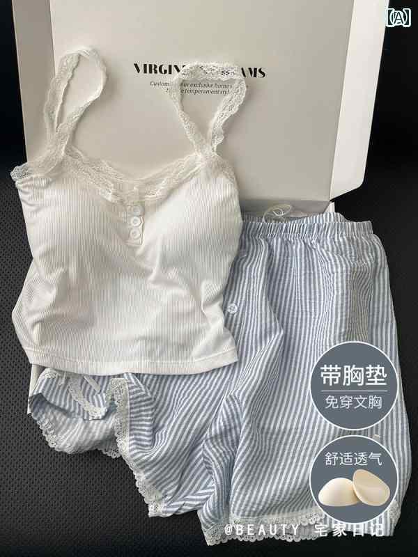レース キャミソール トップス 夏の デザイア スタイル サスペンダー パジャマ 女性用 胸 パッド 付き レース ベスト ショーツ ホームウェア セット 外出...
