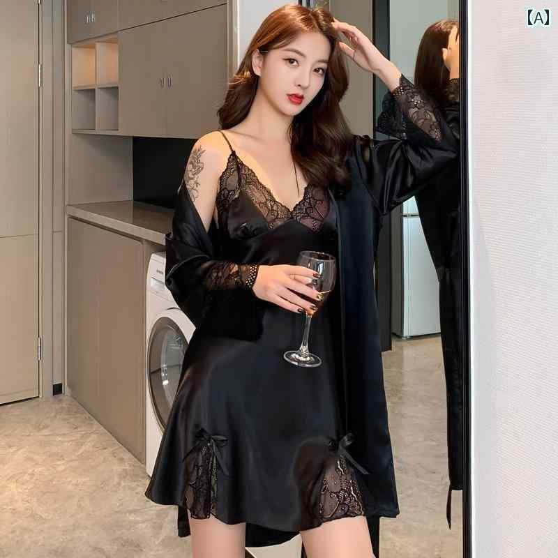レース キャミソール トップス 魅惑的 パジャマ 女性 夏 冷感 2025 レース 春秋な スタイルス リング ナイトガウン ローブ ツーピース セット