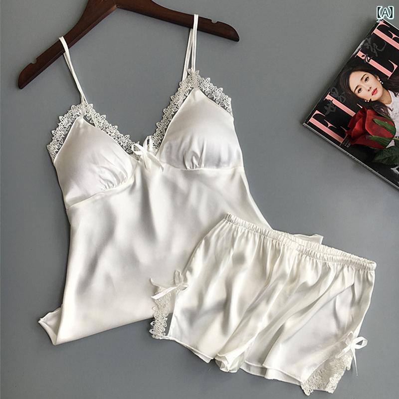 インナー レース キャミソール 夏の 女性用 魅惑的 パジャマ 冷感 サスペンダー ショーツ 胸 パッド 付き ツーピース セット ギャザー レース エッジ 屋...