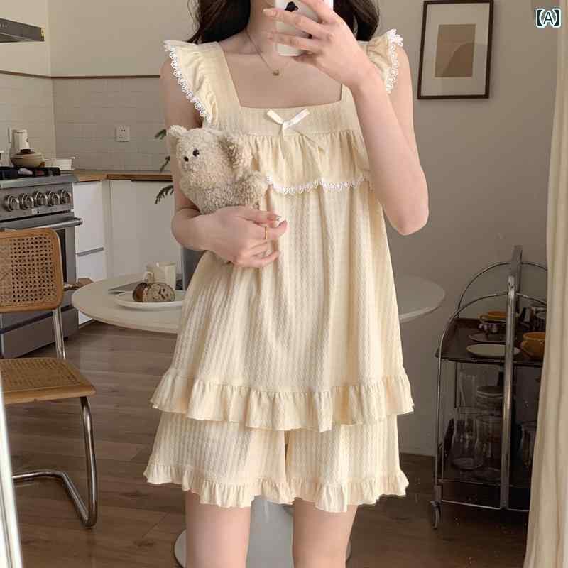 インナー レース キャミソール パジャマ レディース 夏 ノースリーブ キャミソール スイート 千鳥格子 プリンセス スタイル 薄手 コットン ホームウェア ツ...