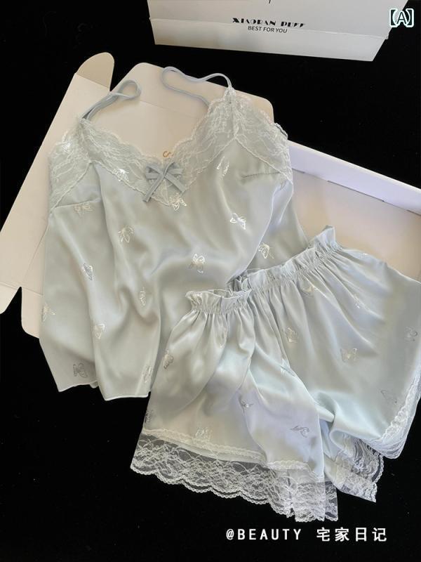 インナー レース キャミソール 夏の 蝶の 冷感 サスペンダー パジャマ 女性な スタイル レース ベスト ショーツ レディース ホームウェア ツーピース セッ...