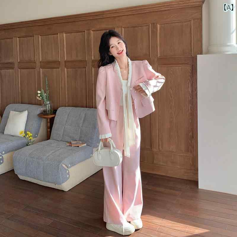レディース　カジュアル　ウェア ピンクの カジュアル ファッション スーツ 女性 2025 春型 小 ワイド レッグ パンツ ホット ツーピース