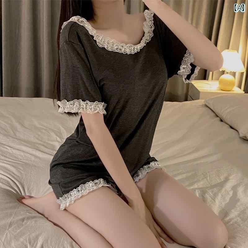 レディース　インナー　サスペンダー レディース モダール パジャマ 夏 半袖 レース 欲 スタイル 薄型 ..
