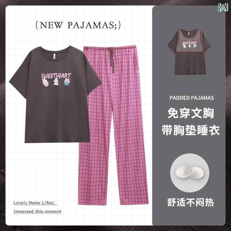 パジャマ　上下　薄手 女性用 夏 パジャマ 綿 胸 パッド 付き 半袖 ズボン かわいい 薄手 大きいサイズ 着用 可能 ホームウェア セット