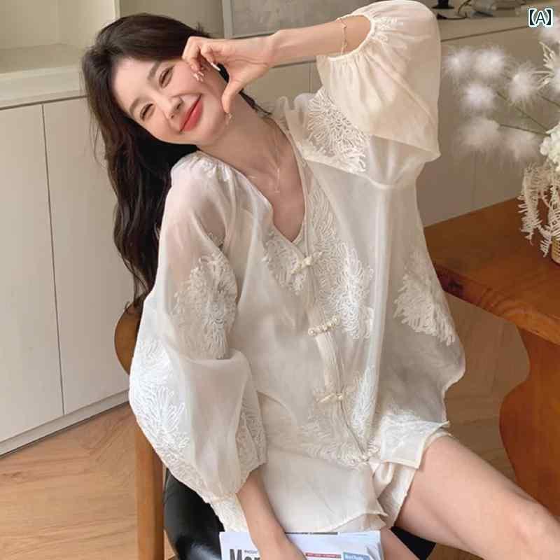 レディース　ツーピース　シルク 2025夏 チャイナ風 桑 絹 スーツ 女性用 刺繍 日焼け防止 ブラウス サスペンダー スカート スリーピーススーツ