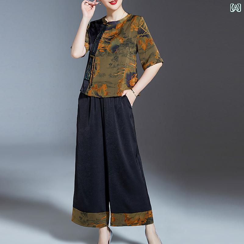 レディース　ツーピース　シルク 夏の 杭 州 シルク スーツ 母親 裕福な 妻 翔 雲糸 桑 Tシャツ ツーピース ワイド レッグ パンツ