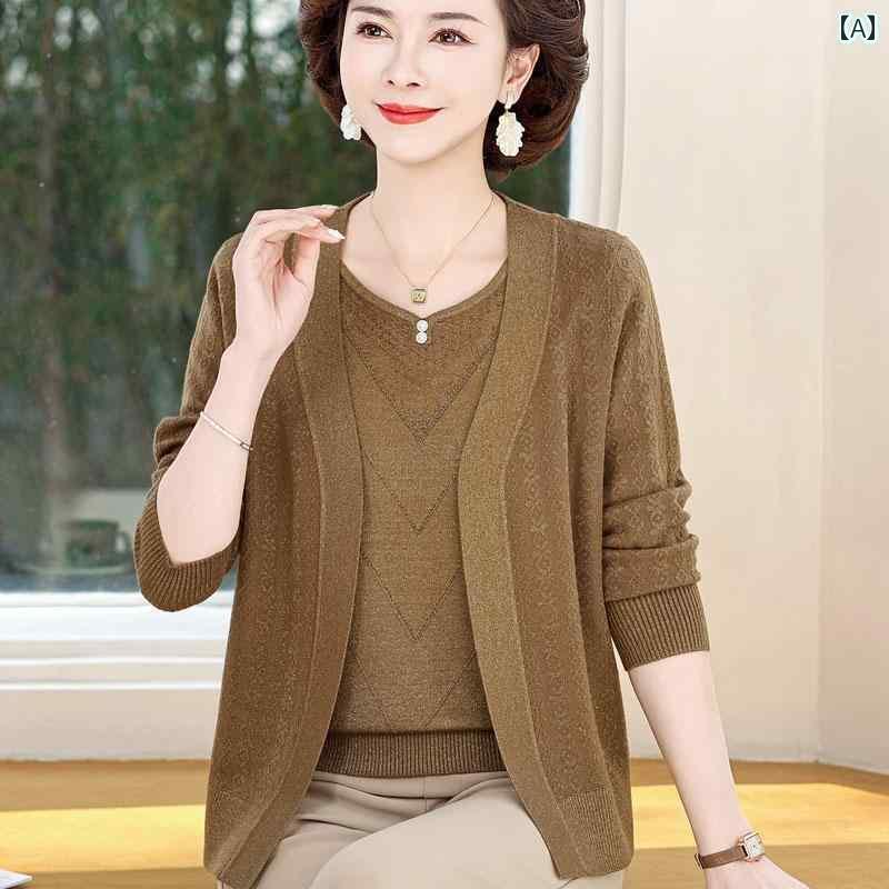 レディース　ツーピース　シルク 恒 源 祥 母の 春の おしゃれな ニット セーター ツーピース スーツ レディース 春秋 薄手 長袖 カーディガンジャケット