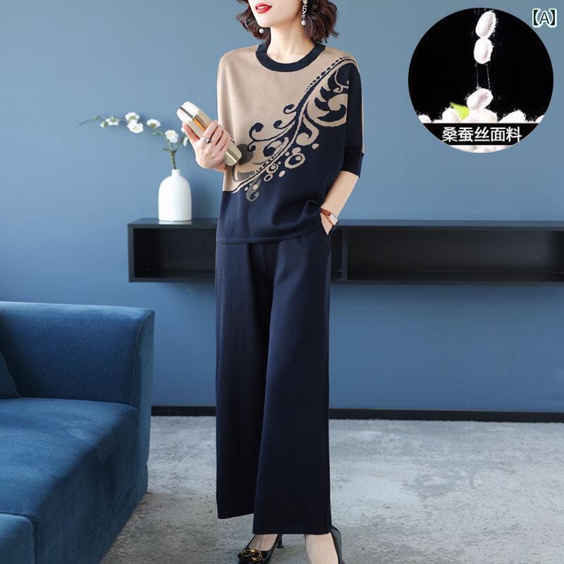 レディース　ツーピース　シルク 春秋 女性用 スポーツ カジュアル スーツ ゆったりと スリム 中年のお母さんので スタイリッシュな 桑の 絹の ワイド レッグ パンツ ツーピース(4)