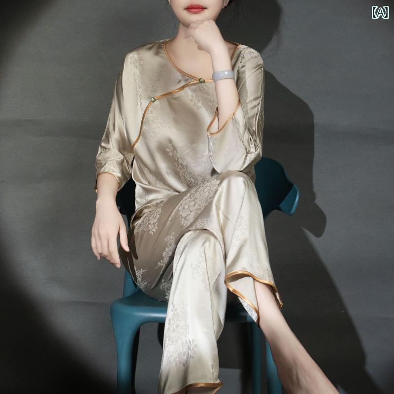 レディース　ツーピース　シルク チャイナ風 シルクパ