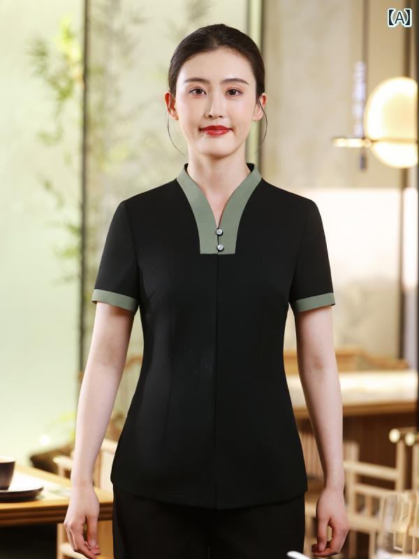 作業着　ウェイター　スタッフ イー ヤンタン ケータリング 作業着 夏 中国 ホテル ティー レストラン ウェイター 漢服 馬面 スカート スーツ 半袖 女性