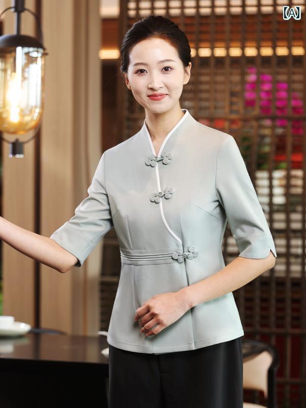 作業着　ウェイター　スタッフ 高級 レストランの ウェイター 作業着 半袖 女性 服 チャイナ風 ホテル ケータリング フロント デスク 受付 夏 スーツ