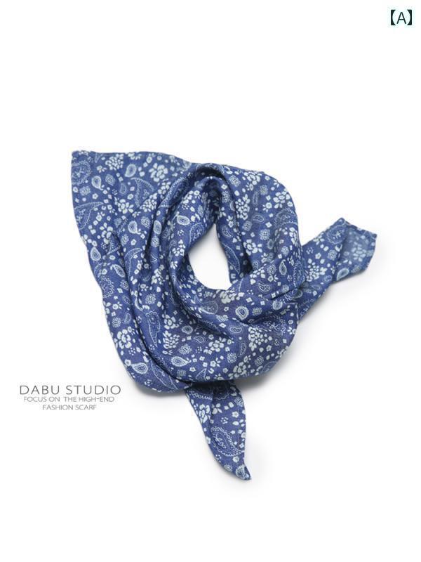 ターバン　帽子　スカーフ レアでの 綿 デニムブルー ペイズリープリント 小さい 正方形の スカーフ ヘ..