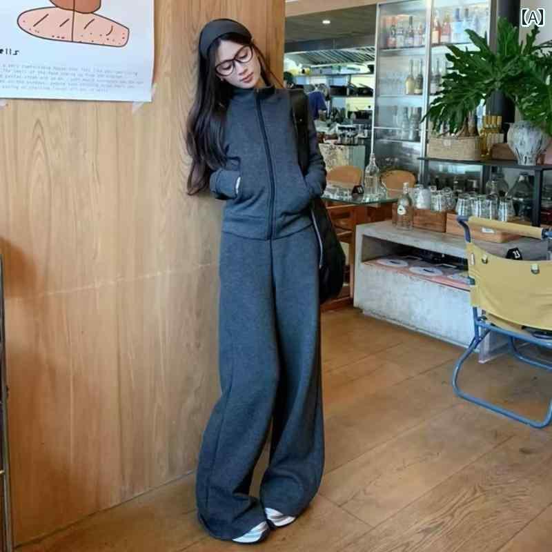 レディース　カジュアル　トップス 冬服 ファッション スポーツ スリムフィット ジッパー スタンドカラー ニット トップ ジャケット ハイウエスト カジュアル パンツ スーツ 完全な セット