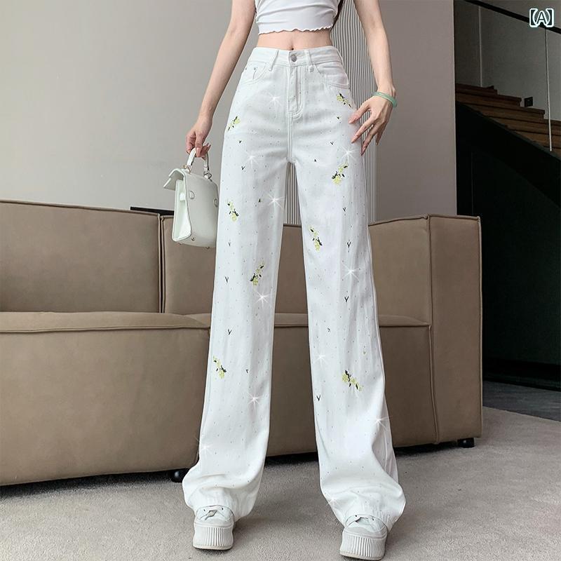 デニム　ジーンズ　おしゃれ 白い ズボン チャイナ風 刺繍 ホット ラインストーン ストレート ジーンズ レディース 夏用 ハイウエスト ワイド レッグ パンツ