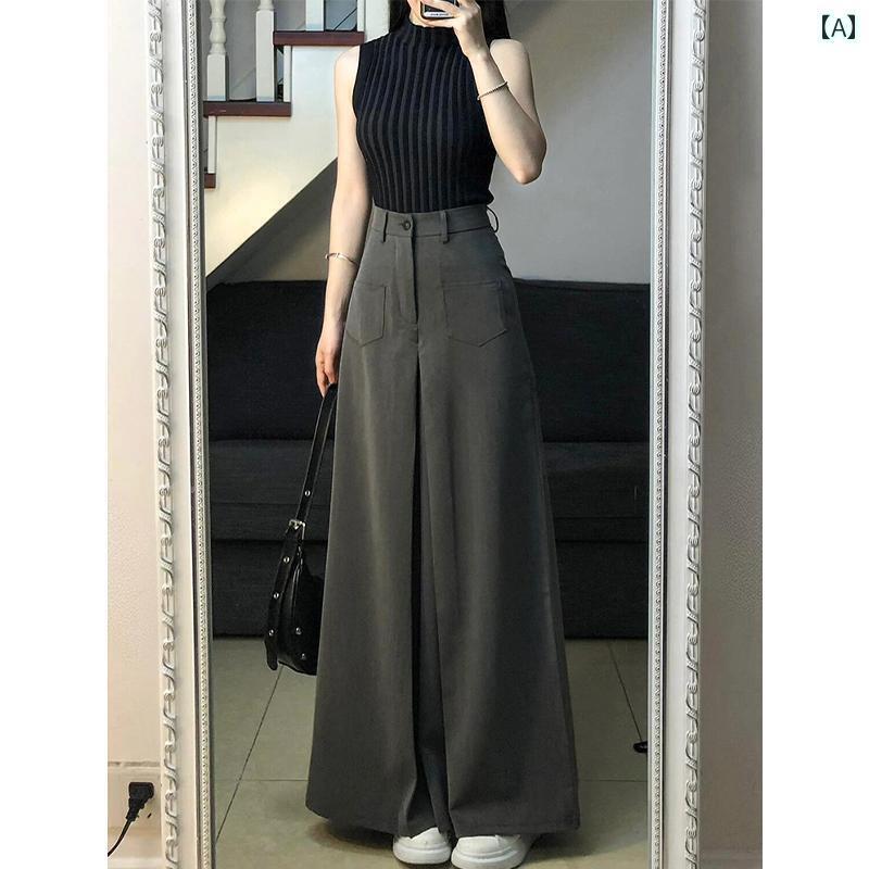 レディース　スカート　かわいい グレー スーツ スカート パンツ レディース 夏 ハイウエスト 大きいサイズ ゆったり 太め mm スリム 洋 ナシ 体型 カジュアル ワイド レッグ