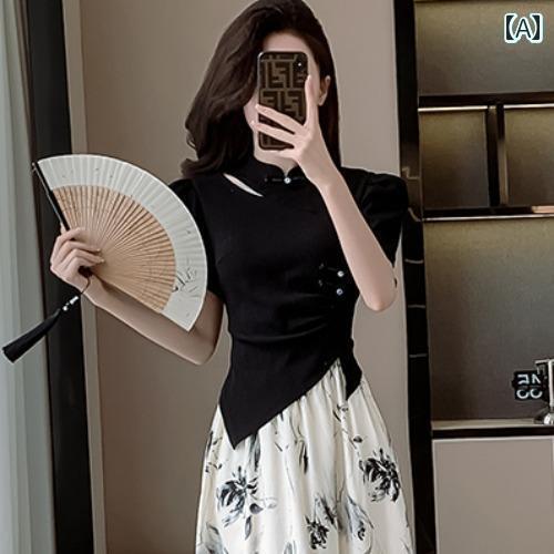 レディース　カジュアル　ファッション チャイナ風 韓国 社交 界の なで 年齢を 減らす パフスリーブ 不規則な インク プリント ドレス ツーピース スーツ