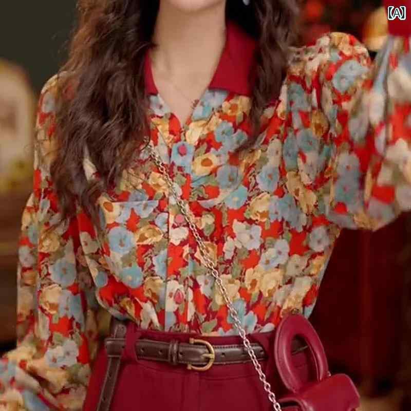 レディース　カジュアル　ファッション プリント 長袖 シャツと スカート 秋 レトロ ファッション 優しい の 女性用 スーツ