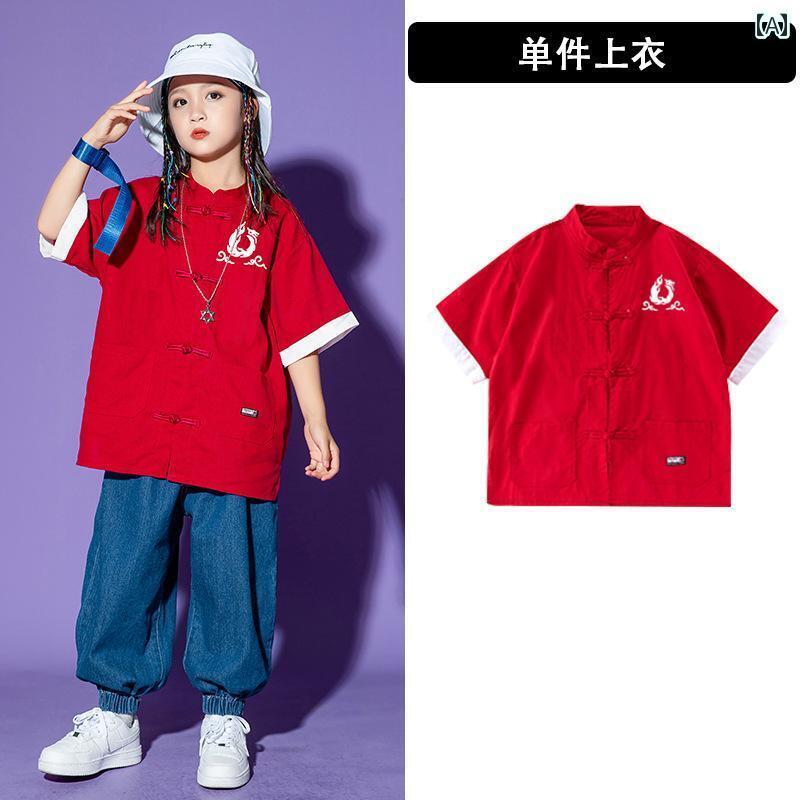 ストリート　子供　ダンス 子供用 民族 風 ドラム セット パフォーマンス 衣装 男の子 ストリート ダンス ゆったり ヒップ ホップ 半袖 漢服 スーツ