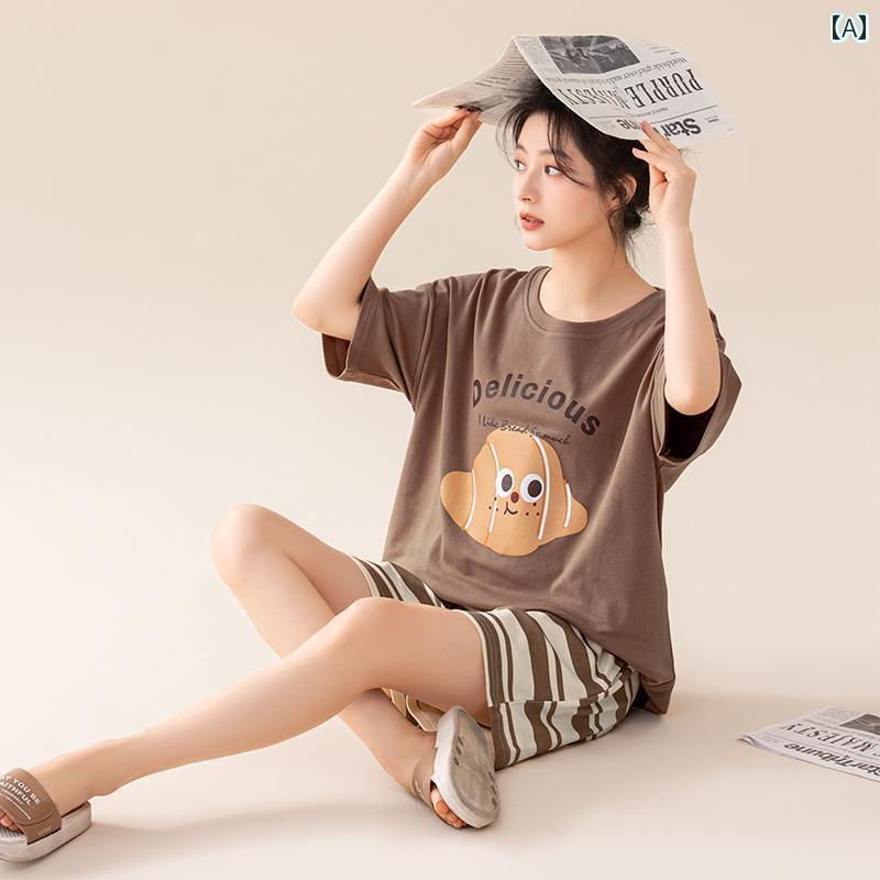 半袖　上下　レディース オキシジェン タイム 7 A 抗菌 カップル パジャマ 男女兼用 夏 コットン 半袖 ストライプ ショーツ ホームウェア セット